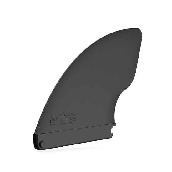 Angled view of black 6" Click-In Center Fin showing fin profile and click-in base.
