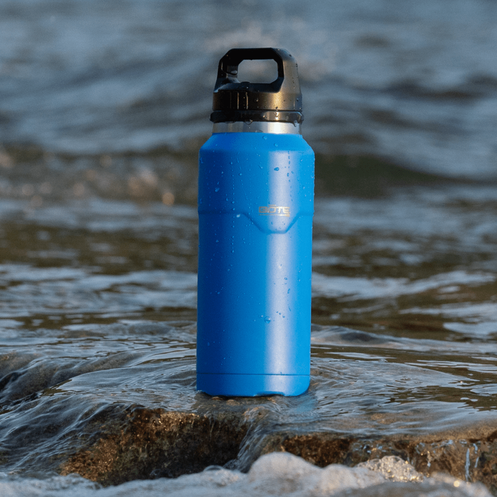 MAGNEBottle 36oz with Cap Harbor Blue on a rock