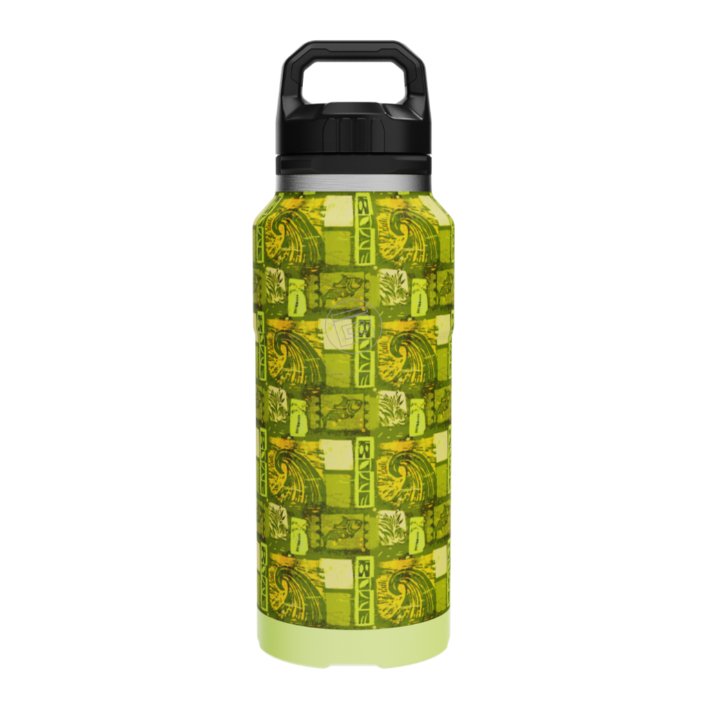 Front view of MAGNEBottle 36oz with handle cap and green Native Nalu print.