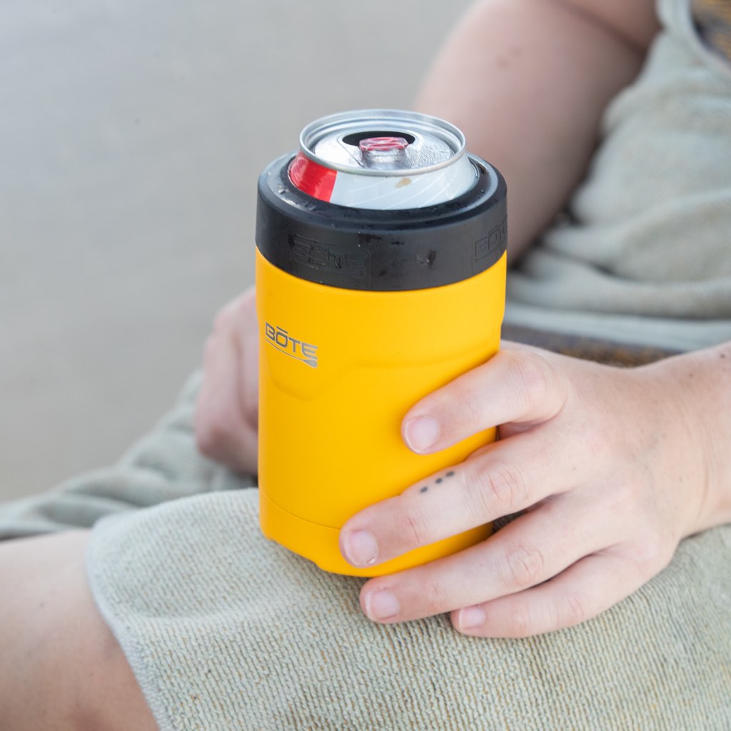 A detailed image of the MAGNEChill Can Cooler Switch Yellow, showing its design and key features.