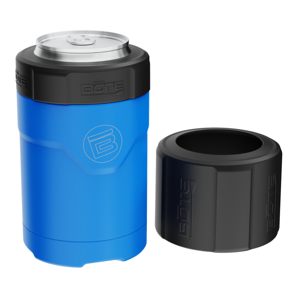 Side view of the MAGNEChill Can Cooler Harbor Blue with switch beside it