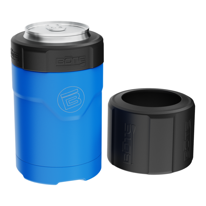 Side view of the MAGNEChill Can Cooler Harbor Blue with switch beside it