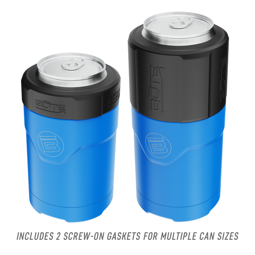 Callout of the two size options of the MAGNEChill Can Cooler Switch Harbor Blue