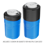 Callout of the two size options of the MAGNEChill Can Cooler Switch Harbor Blue