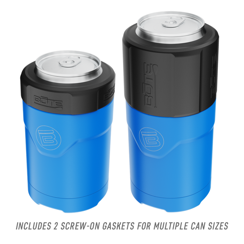 Callout of the two size options of the MAGNEChill Can Cooler Switch Harbor Blue