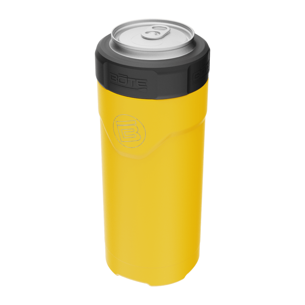 A detailed image of the MAGNEChill Can Cooler Slim Yellow, showing its design and key features.