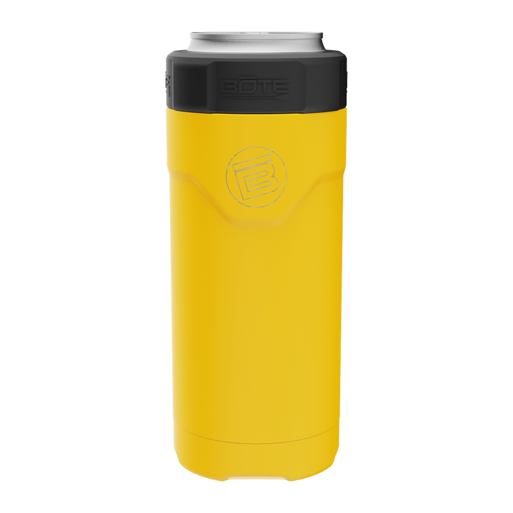 A detailed image of the MAGNEChill Can Cooler Slim Yellow, showing its design and key features.