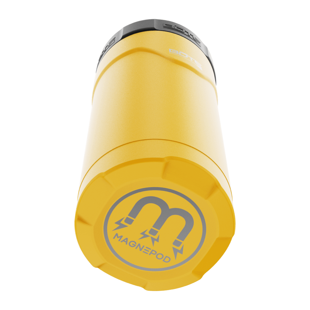 A detailed image of the MAGNEChill Can Cooler Slim Yellow, showing its design and key features.
