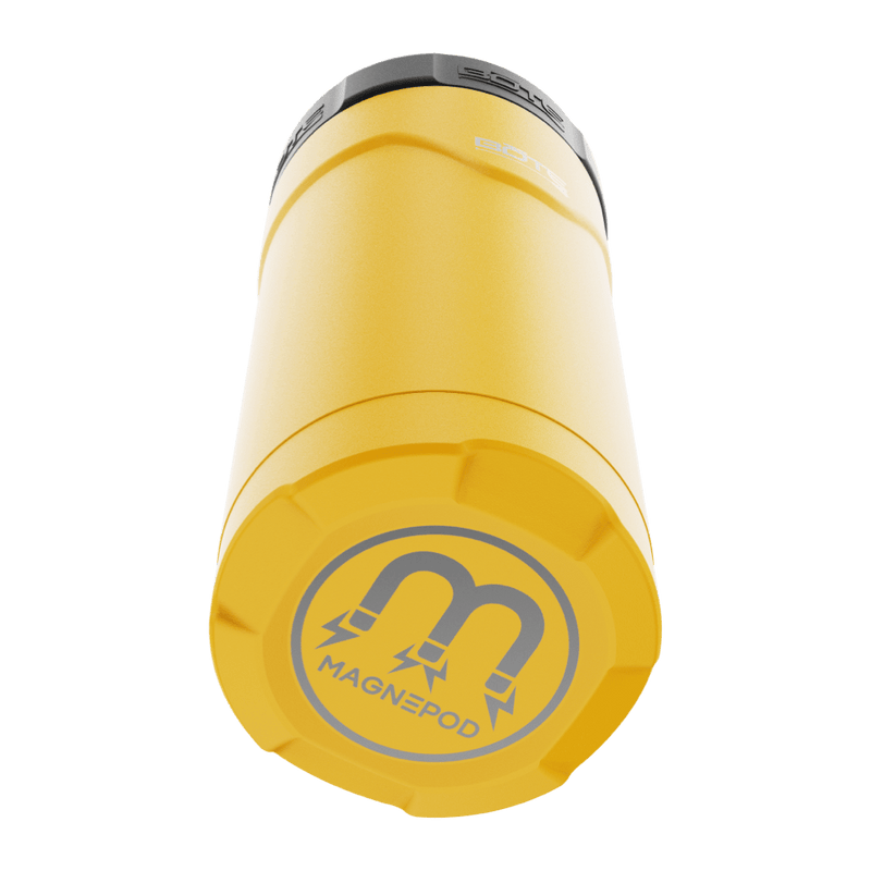 A detailed image of the MAGNEChill Can Cooler Slim Yellow, showing its design and key features.