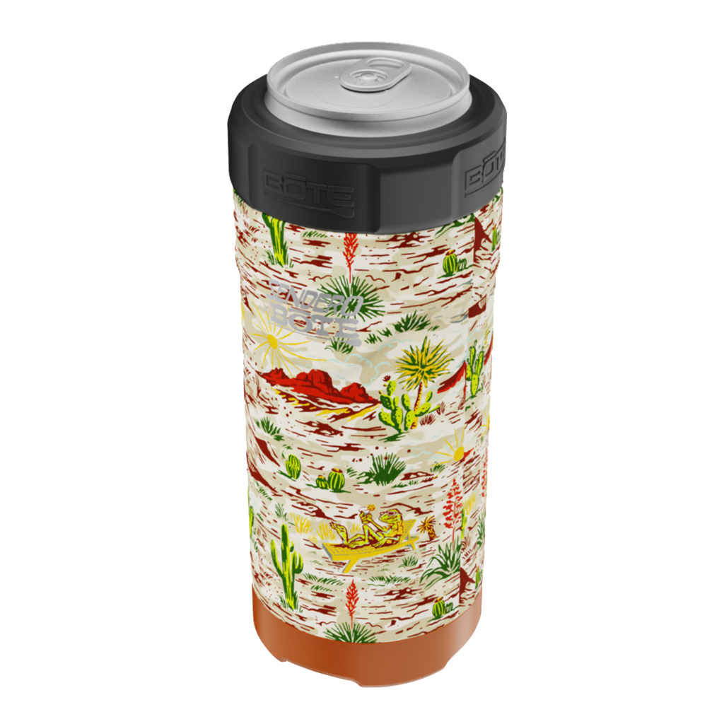 MAGNEChill Can Cooler Slim wrapped in Native Sendero desert print with black insulated top ring.