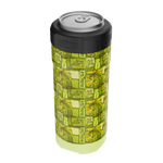 Angled view of green Native Nalu can cooler with tropical pattern and black top.