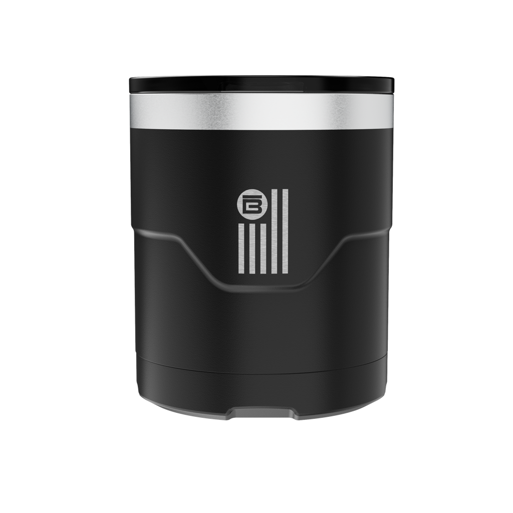 A detailed image of the BOTE Nation MAGNETumbler 12oz Lowball with Lid Black, showing its design and key features.