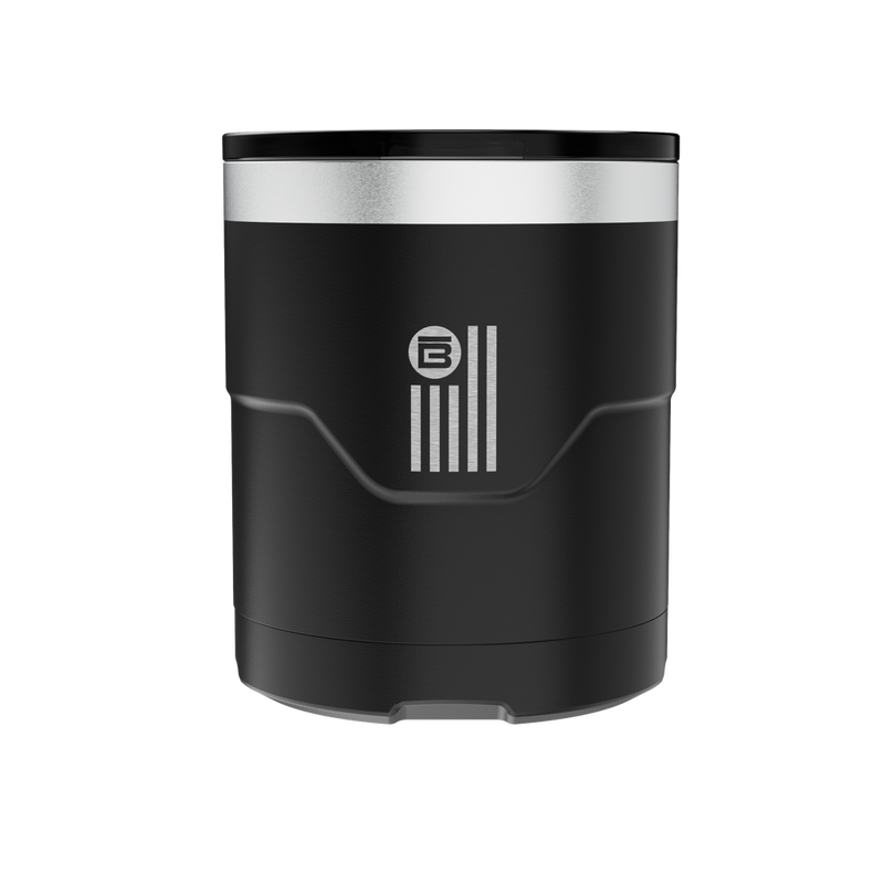 A detailed image of the BOTE Nation MAGNETumbler 12oz Lowball with Lid Black, showing its design and key features.
