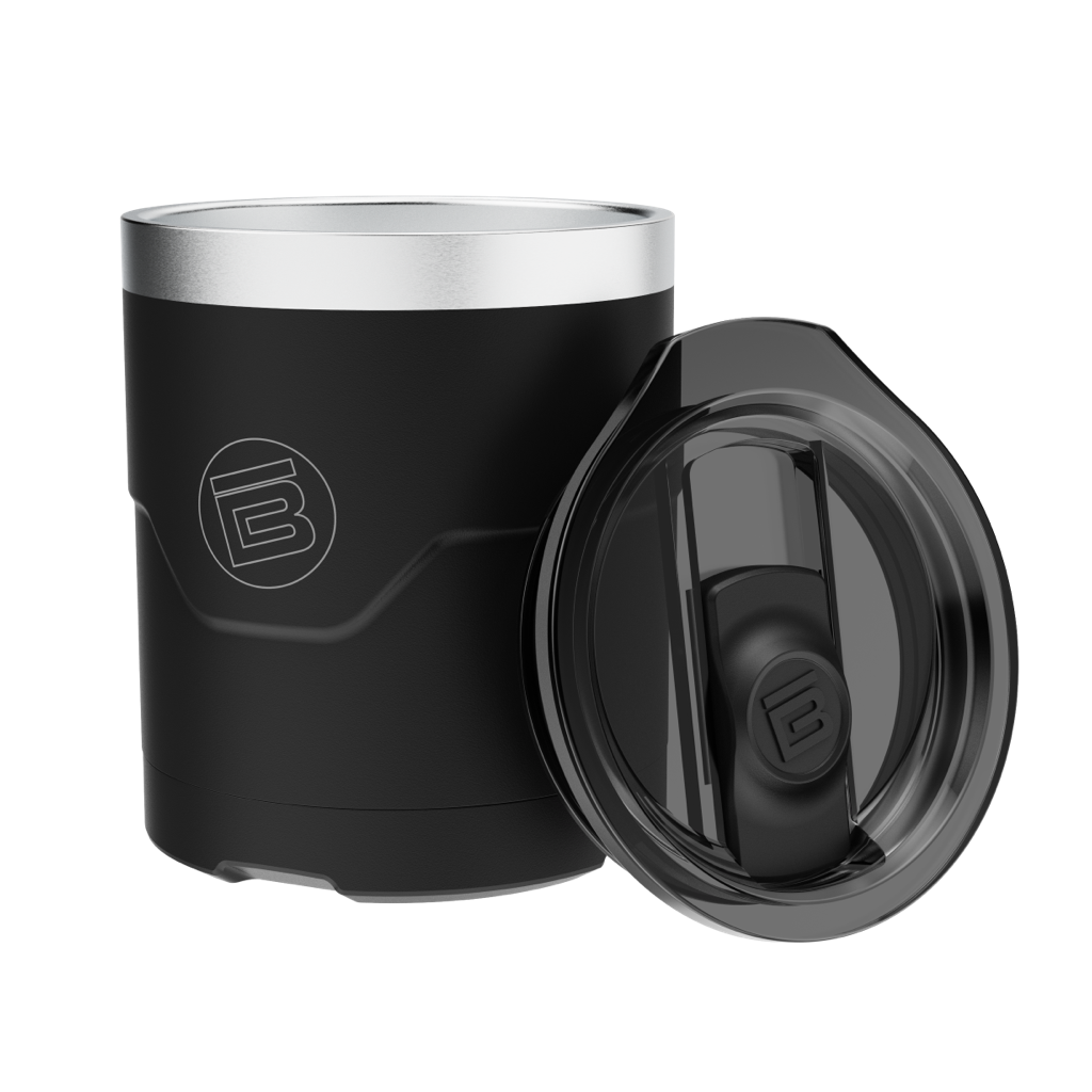 A detailed image of the MAGNETumbler 12oz Lowball with Lid Black, showing its design and key features.
