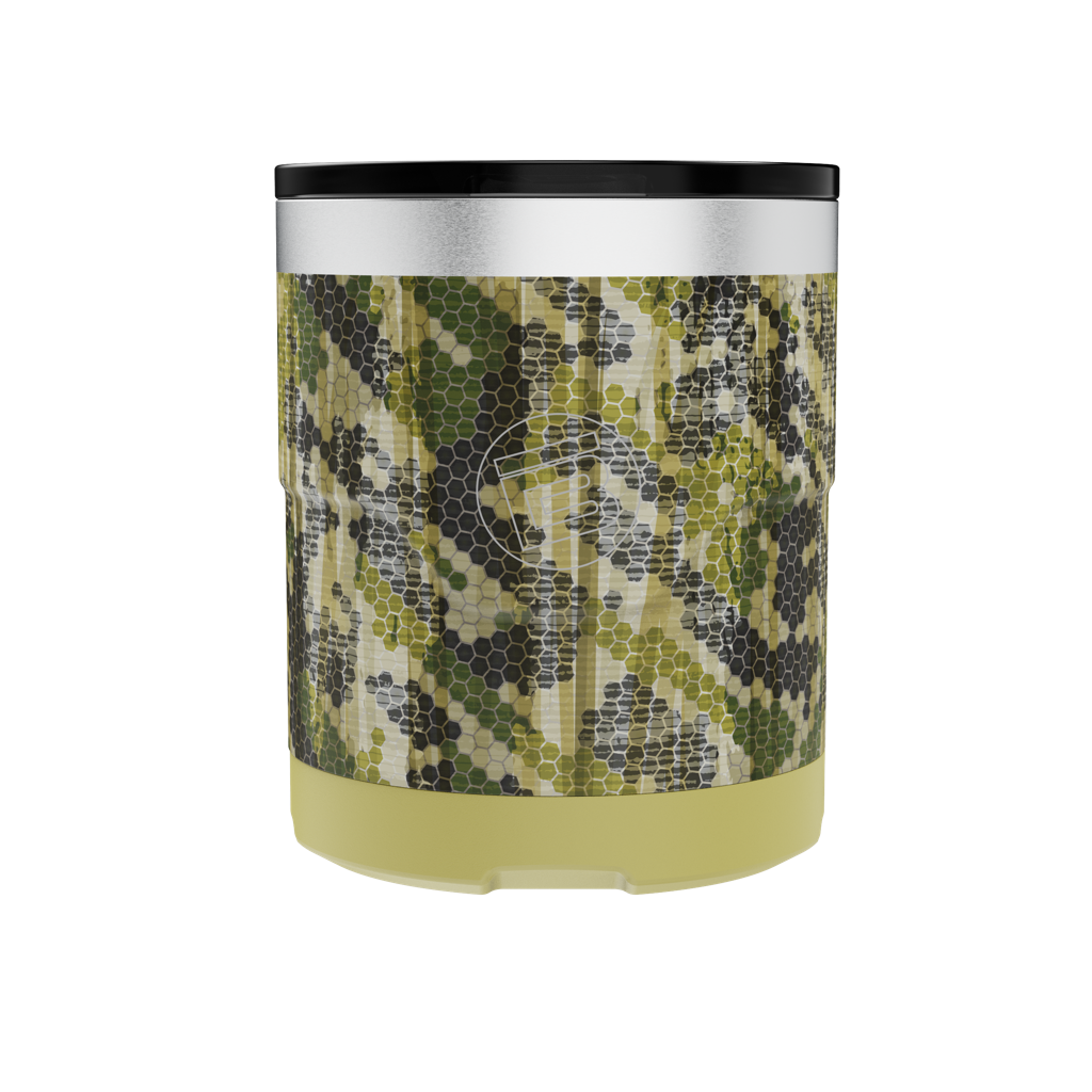 A detailed image of the MAGNETumbler 12oz Lowball with Lid Verge Camo, showing its design and key features.