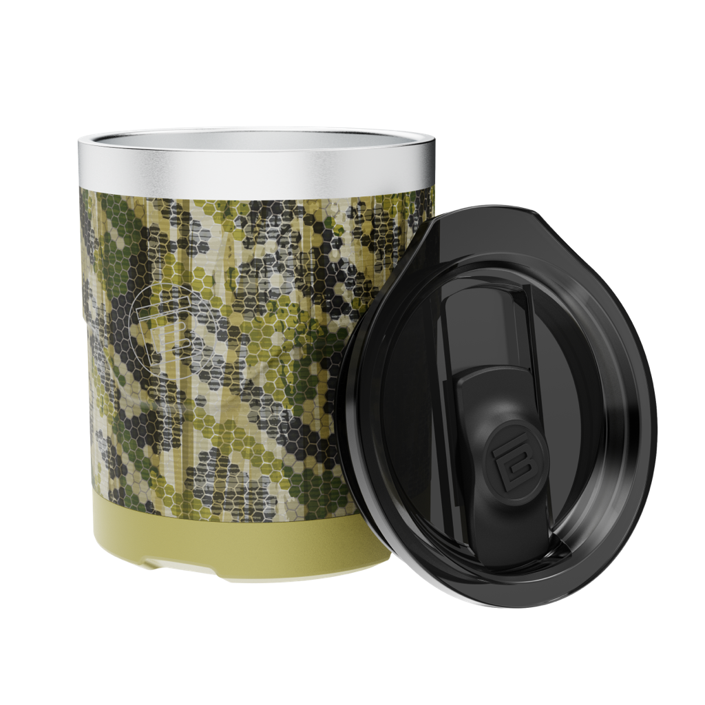 A detailed image of the MAGNETumbler 12oz Lowball with Lid Verge Camo, showing its design and key features.