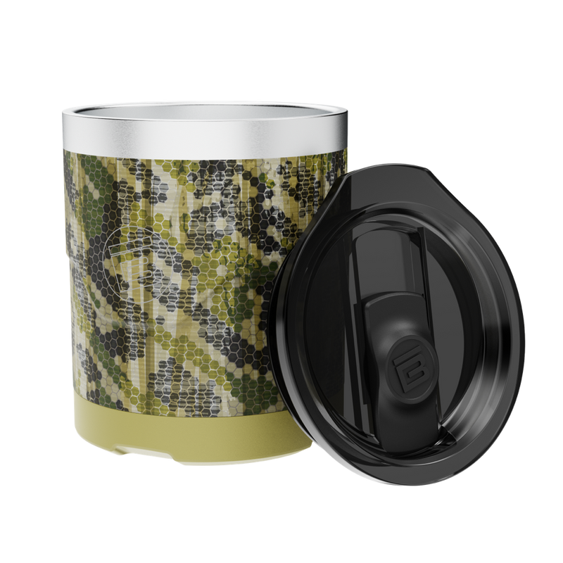 A detailed image of the MAGNETumbler 12oz Lowball with Lid Verge Camo, showing its design and key features.