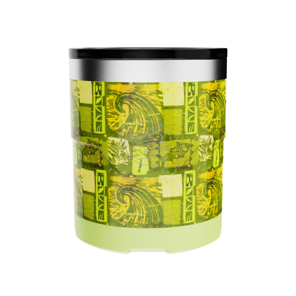 Front view of 12oz Native Nalu lowball tumbler with green pattern and black lid.