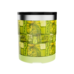 Front view of 12oz Native Nalu lowball tumbler with green pattern and black lid.