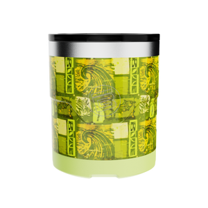 Front view of 12oz Native Nalu lowball tumbler with green pattern and black lid.