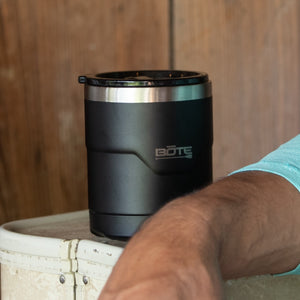 A detailed image of the MAGNETumbler 12oz Lowball with Lid Black, showing its design and key features.