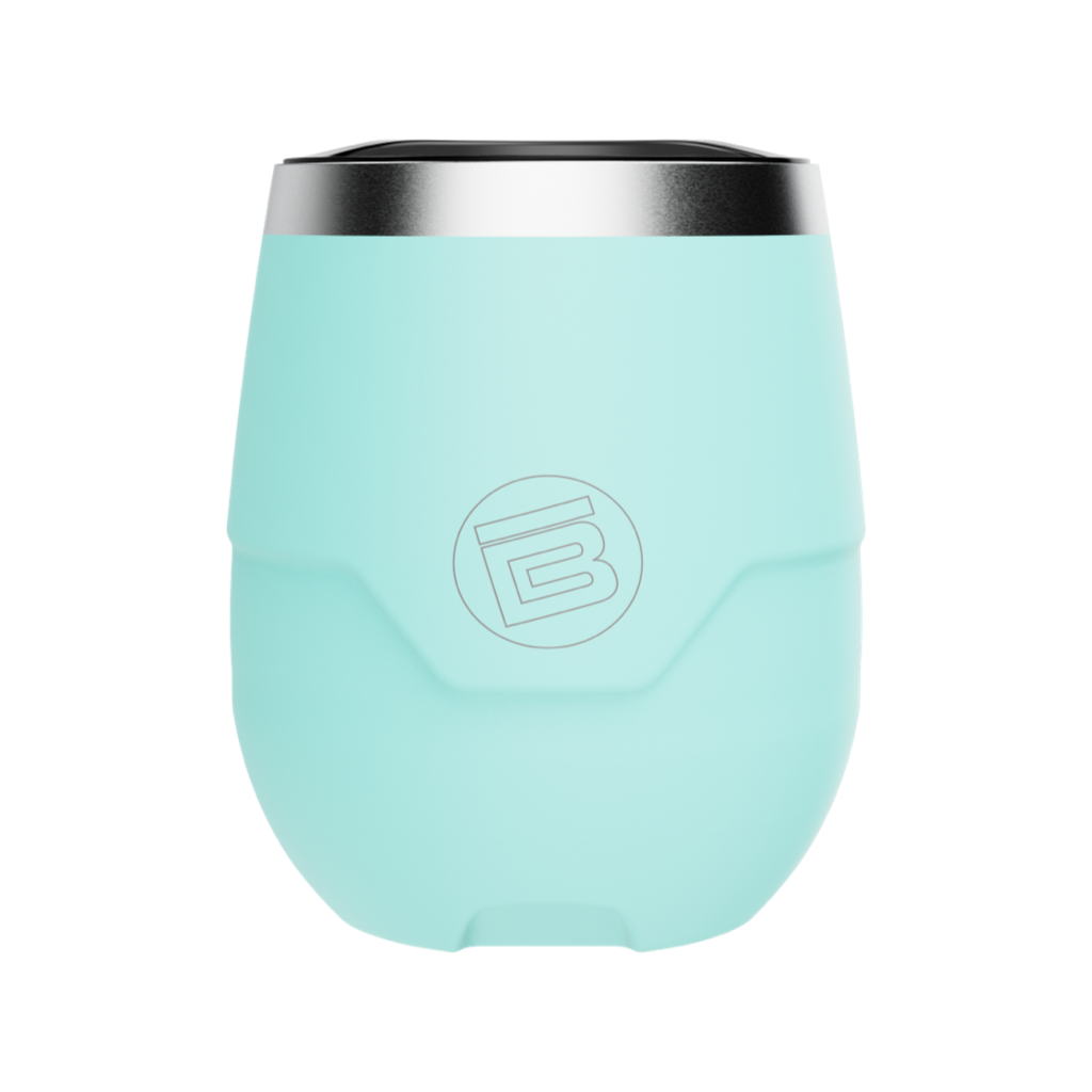 Front view of MAGNETumbler 12oz Stemless with Lid in light aqua color featuring a stainless steel rim.