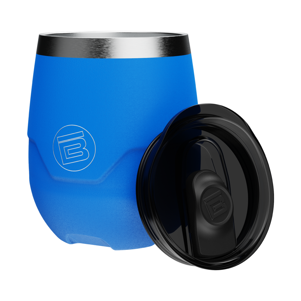 Side view of he MAGNETumbler 12oz Stemless Harbor Blue with lid beside it