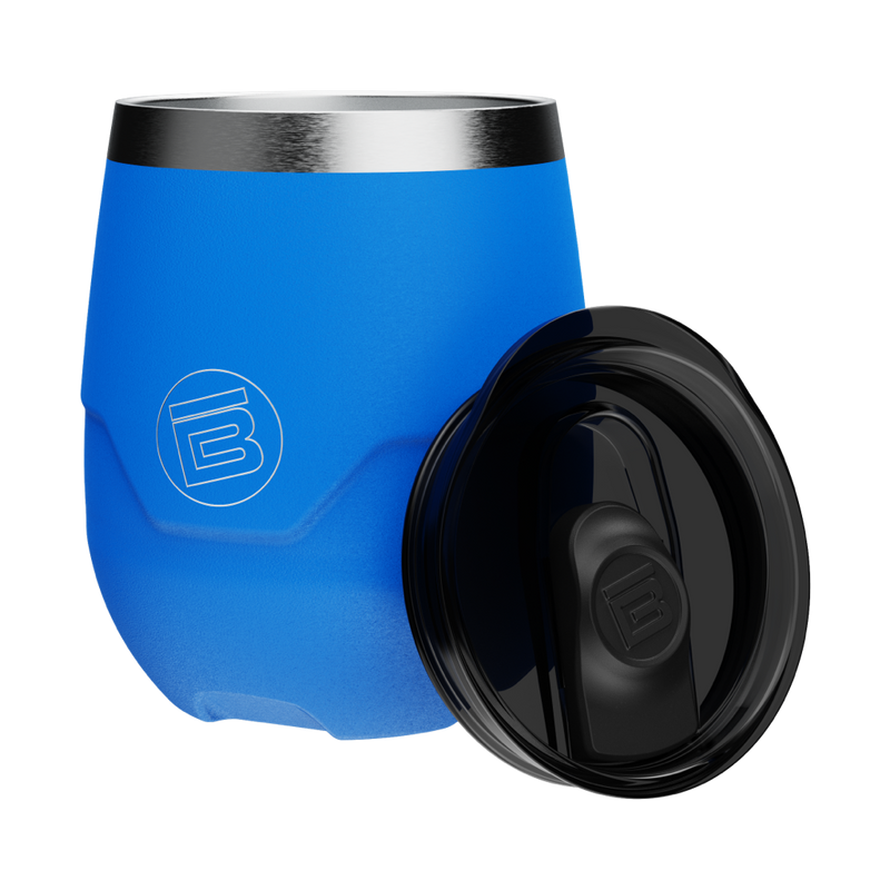 Side view of he MAGNETumbler 12oz Stemless Harbor Blue with lid beside it