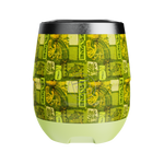 Front view of stemless Native Nalu tumbler with curved shape and green tropical pattern.