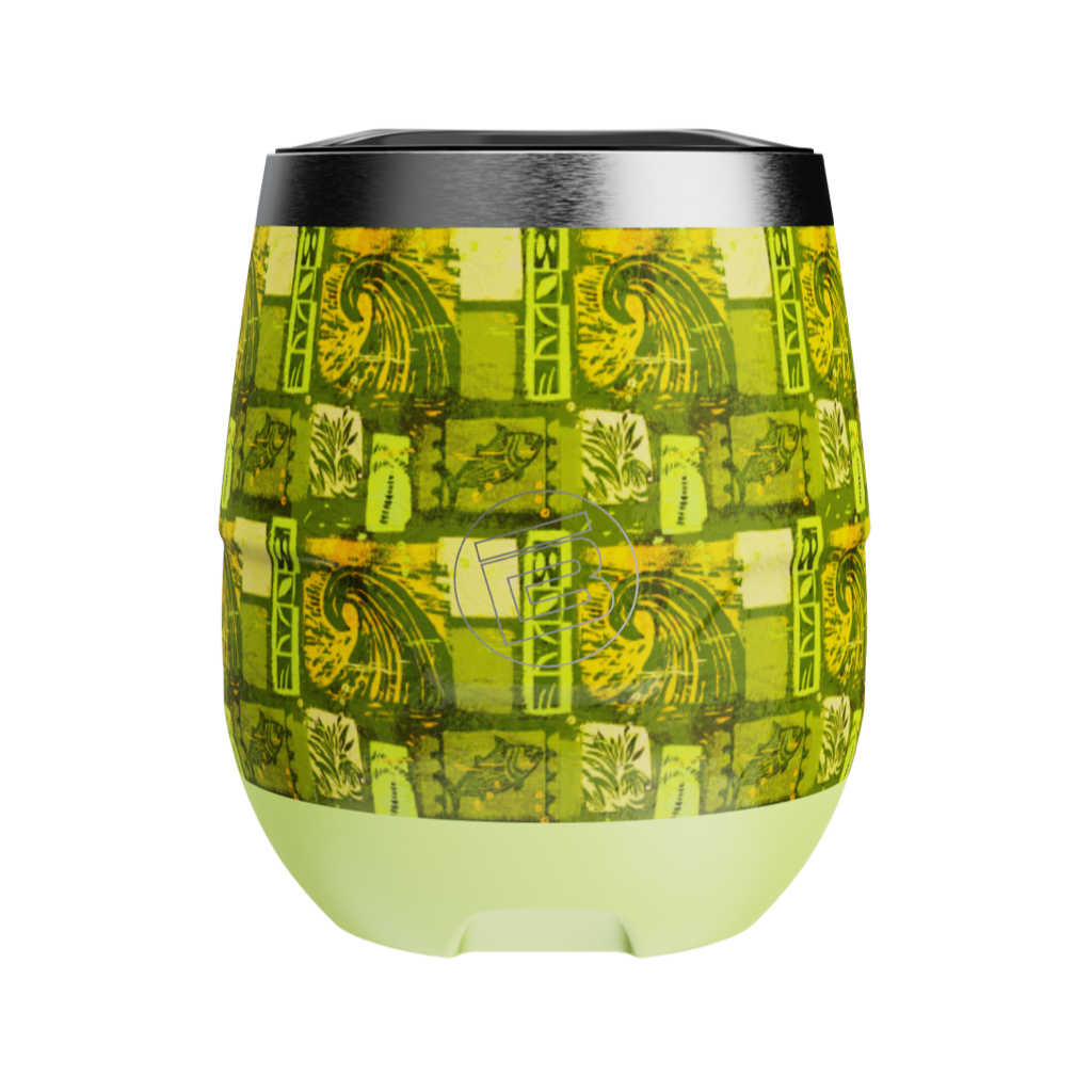 Front view of stemless Native Nalu tumbler with curved shape and green tropical pattern.