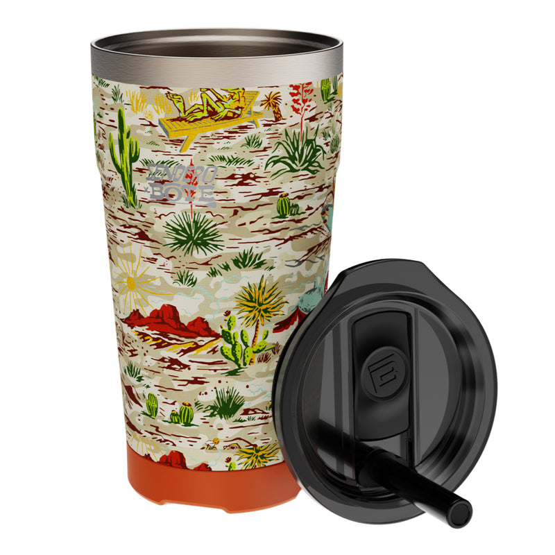 Front view of MAGNETumbler 20oz with Lid Native Sendero in desert-themed print with black lid.