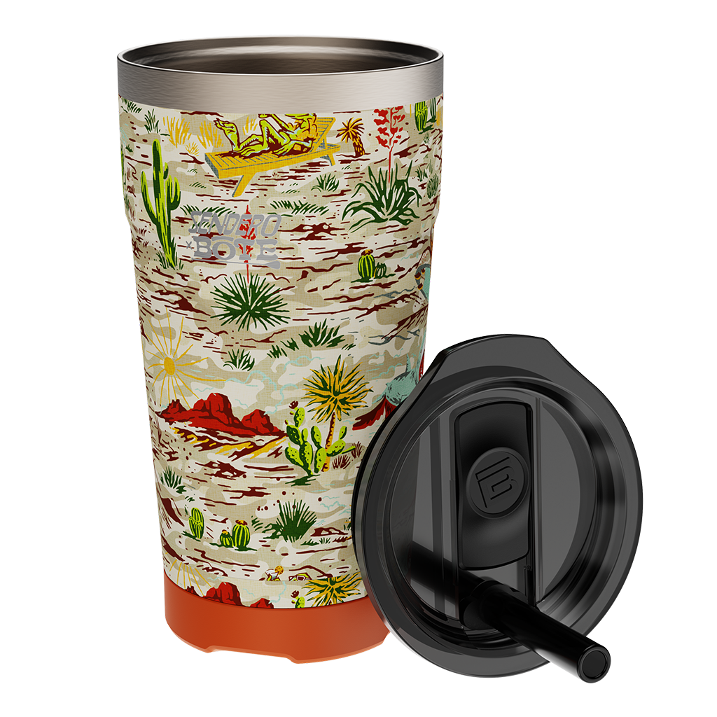 Front view of MAGNETumbler 20oz with Lid Native Sendero in desert-themed print with black lid.