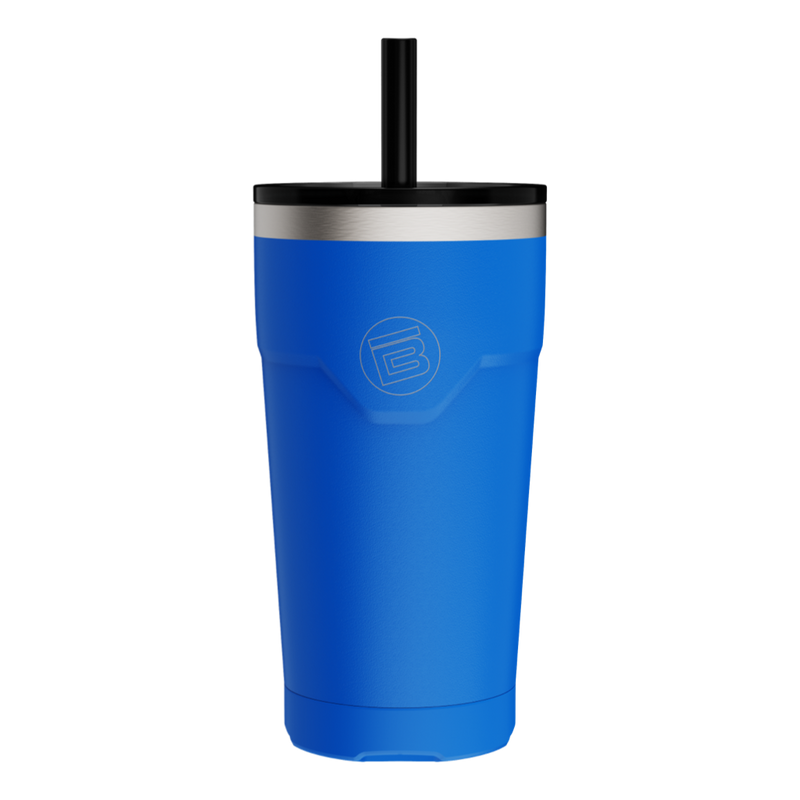 Side view of the MAGNETumbler 20oz with Lid Harbor Blue with straw in it
