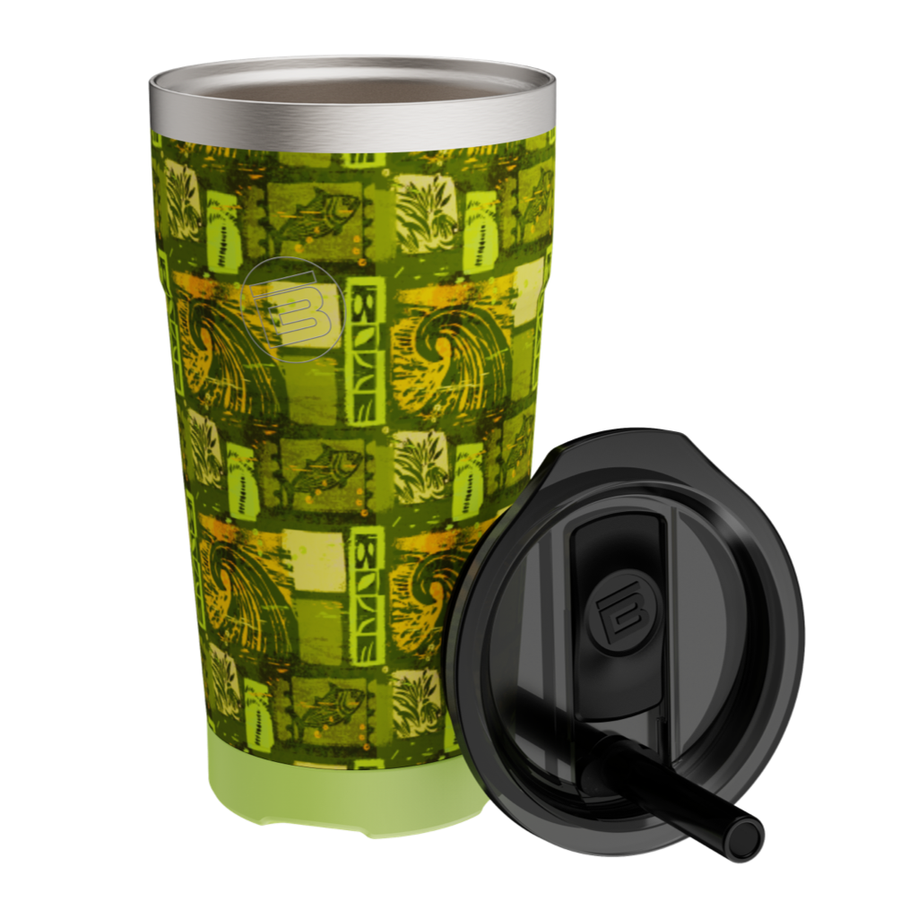 Tumbler with lid and straw shown beside it, featuring Native Nalu green pattern.