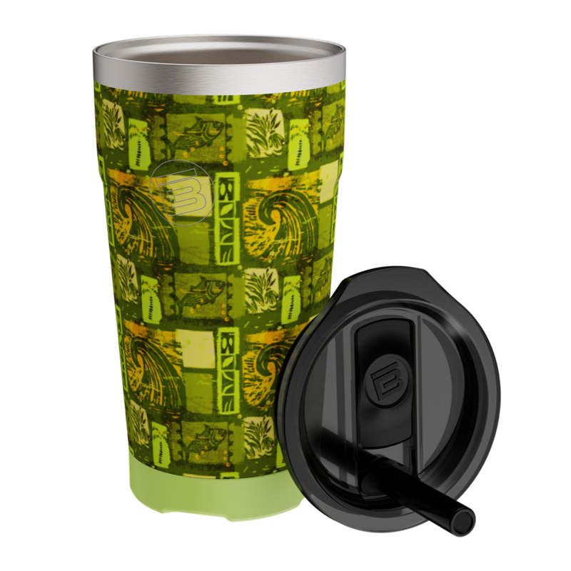 Tumbler with lid and straw shown beside it, featuring Native Nalu green pattern.