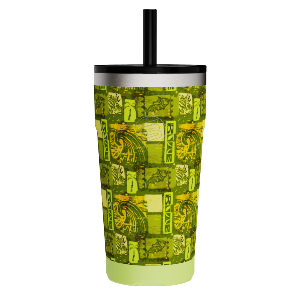 Front view of tumbler with lid and straw attached in vibrant Native Nalu print.