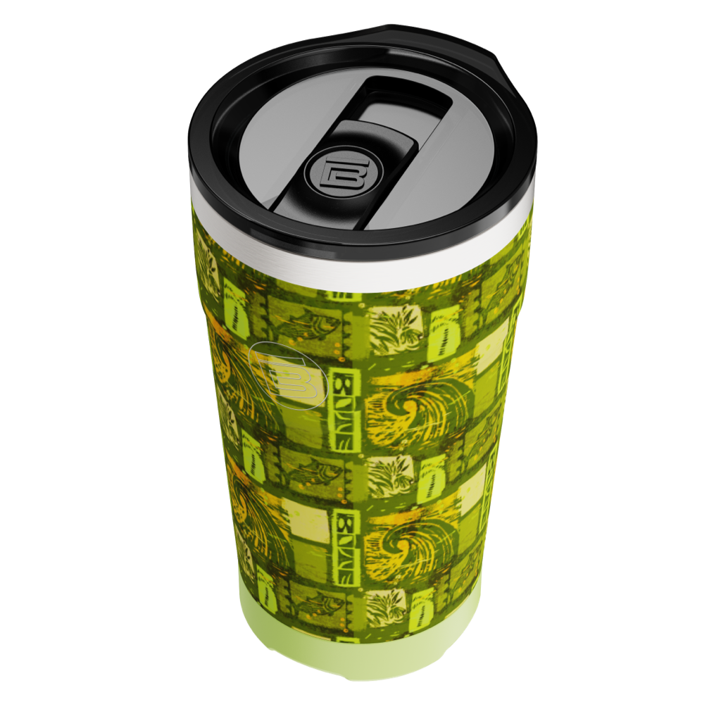 Angled top view of tumbler with closed black lid and tropical wave pattern.