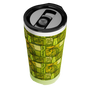Angled top view of tumbler with closed black lid and tropical wave pattern.