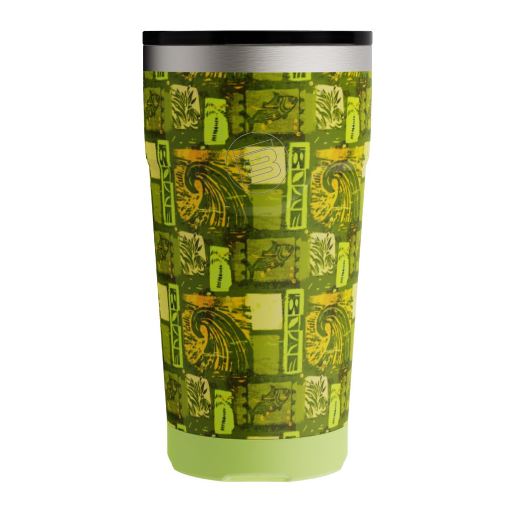 Straight-on front view of Native Nalu tumbler with silver rim and green base.