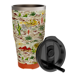 MAGNETumbler 32oz with Lid in Native Sendero pattern shown with black straw lid beside the tumbler.