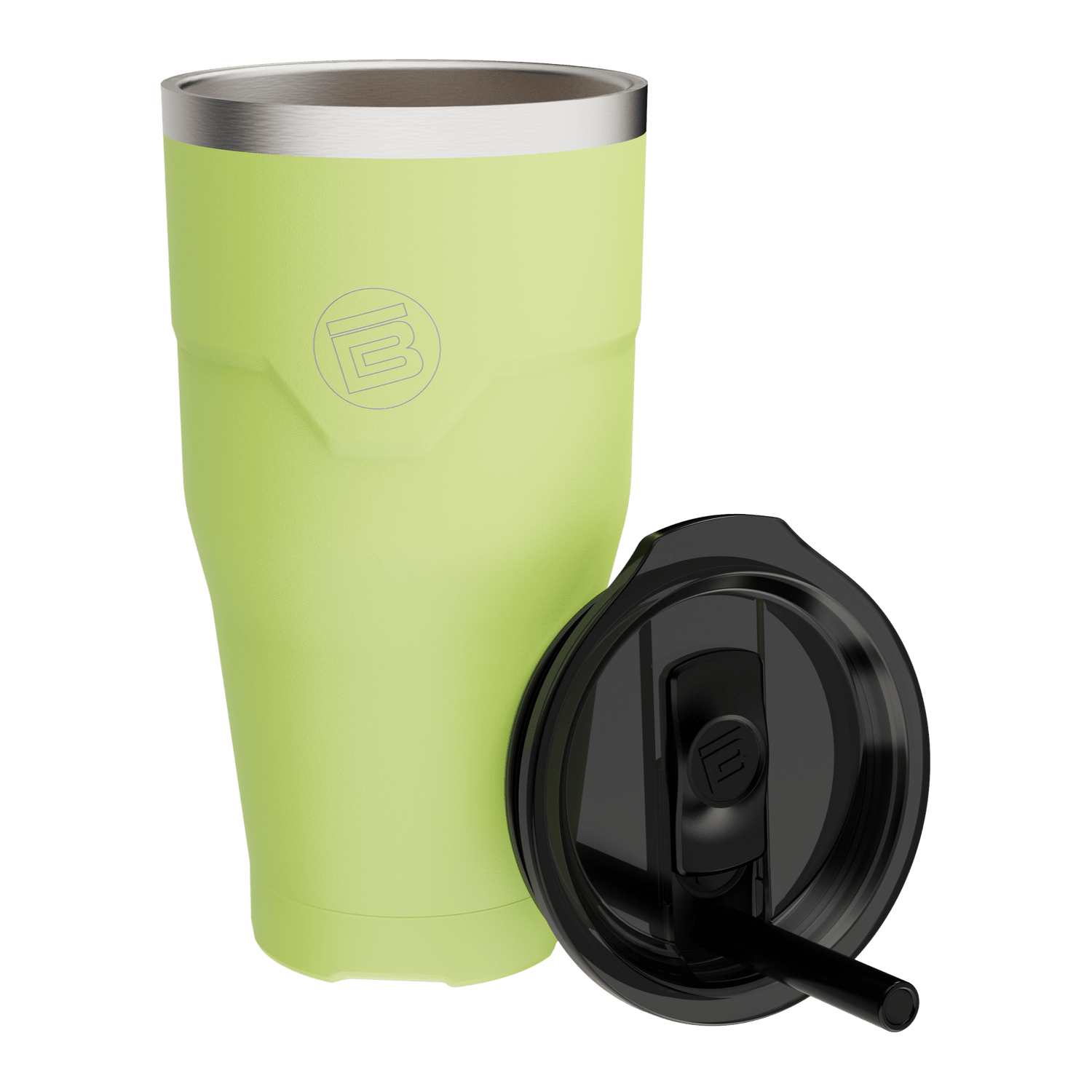 A detailed image of the MAGNETumbler 32oz with Lid Lime, with straw and lid beside it