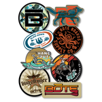 Eight unwrapped BOTE stickers, including sloth, wolf, and skeleton float.