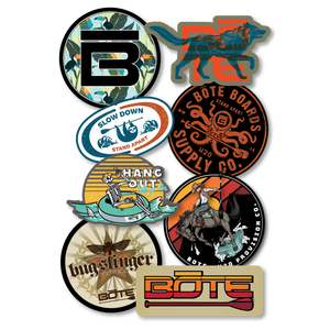 Eight unwrapped BOTE stickers, including sloth, wolf, and skeleton float.