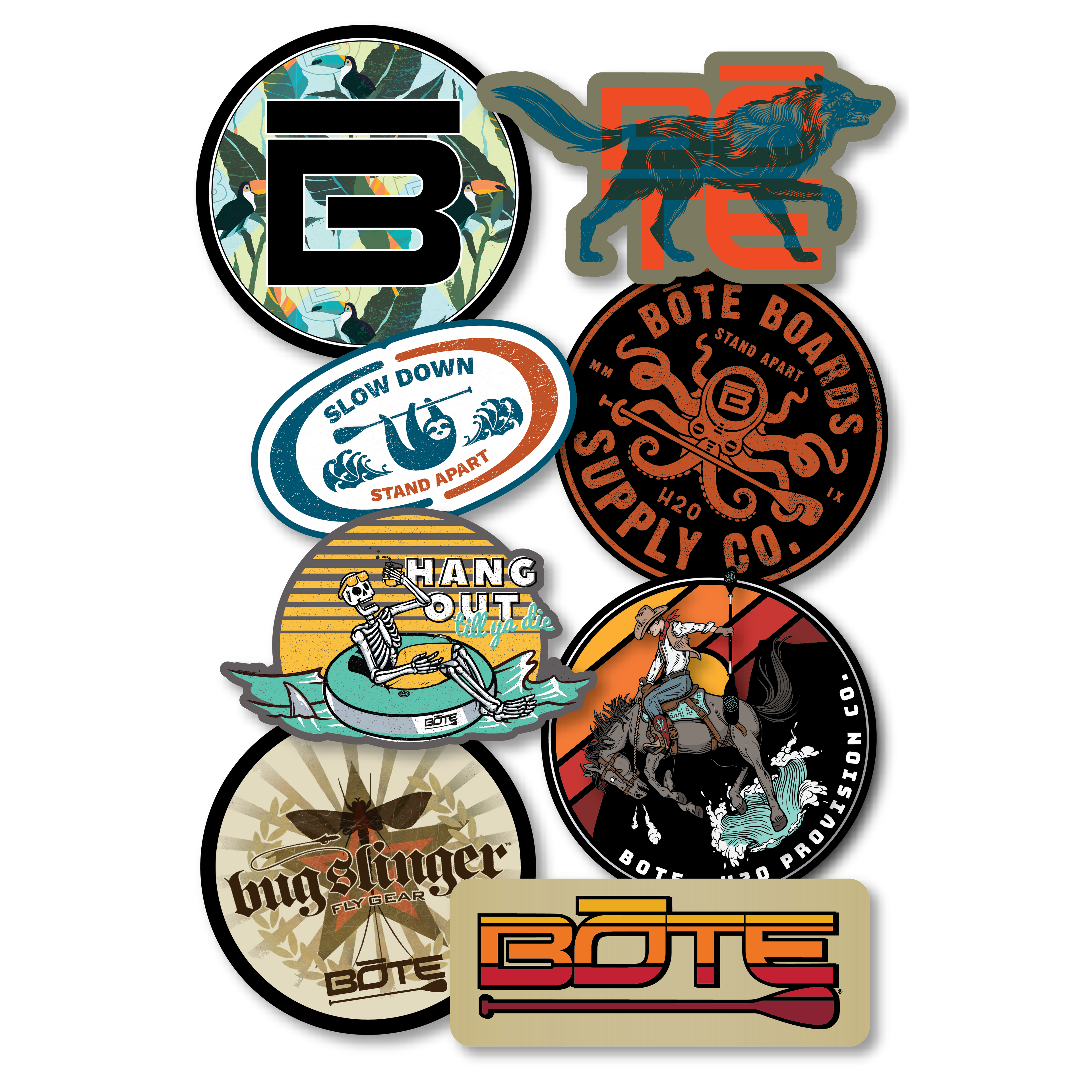 Eight unwrapped BOTE stickers, including sloth, wolf, and skeleton float.