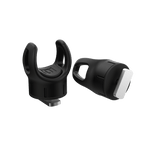 Angled view of two black Rail Rac Paddle Holders with open U-shaped slots.