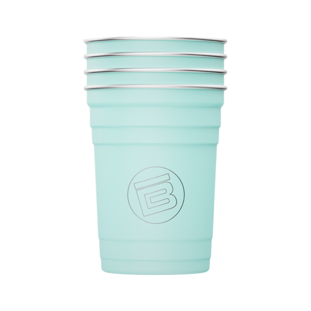 A detailed image of the Stainless Steel Cups 4-Pack Seafoam, showing its design and key features.