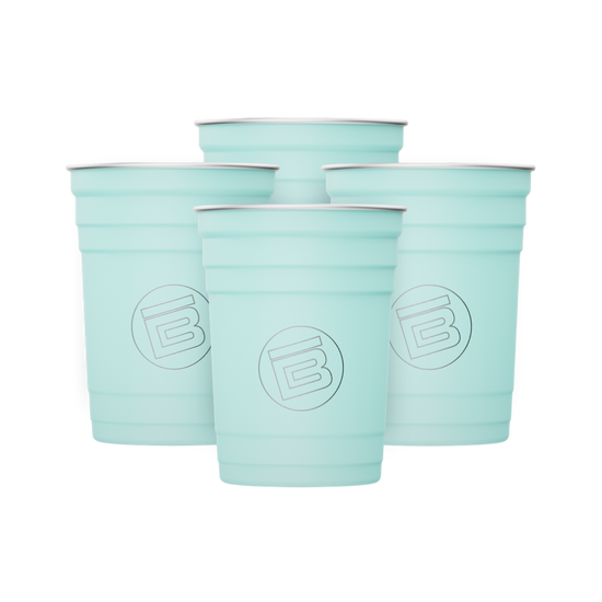 A detailed image of the Stainless Steel Cups 4-Pack Seafoam, showing its design and key features.