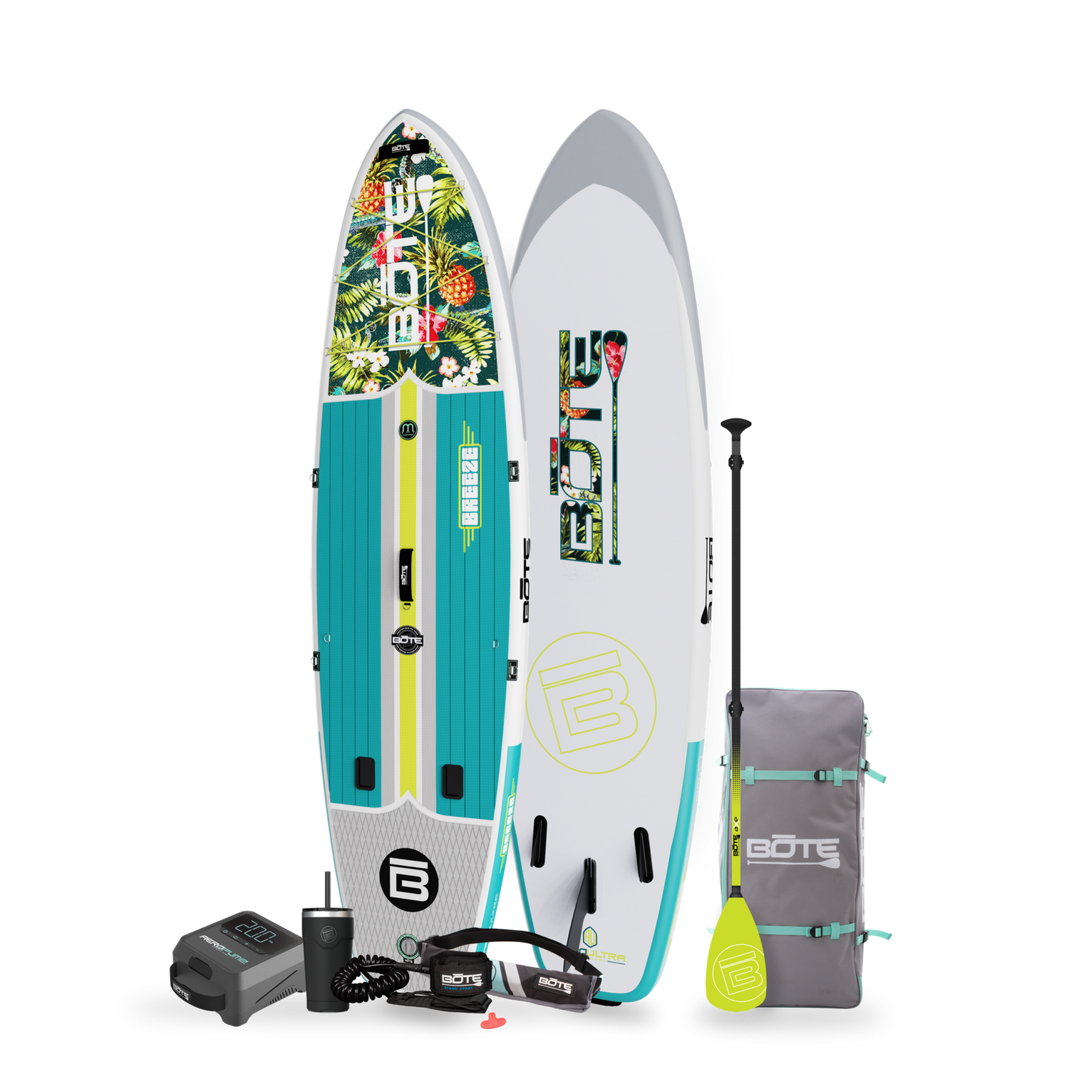 Breeze Aero inflatable paddleboard with included accessories on a white background. The Accessories include a travel packable bag, a black/ citrus yellow paddle, a stainless steel MAGNETumbler, an electric air pump and an inflatable life belt.