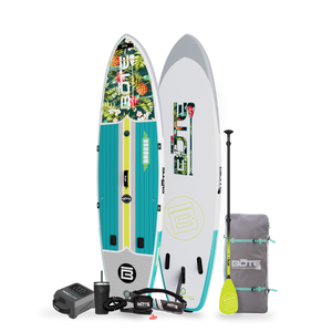 Breeze Aero inflatable paddleboard with included accessories on a white background. The Accessories include a travel packable bag, a black/ citrus yellow paddle, a stainless steel MAGNETumbler, an electric air pump and an inflatable life belt.