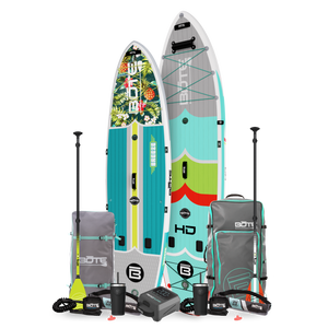 Two inflatable Paddleboards with included accessories on a white background. The Accessories include 2 travel packable bags, 2 black paddles, 2 stainless steal MAGNETumblers, an electric air pump and 2 inflatable life belts. Designed for His and Hers adventures.